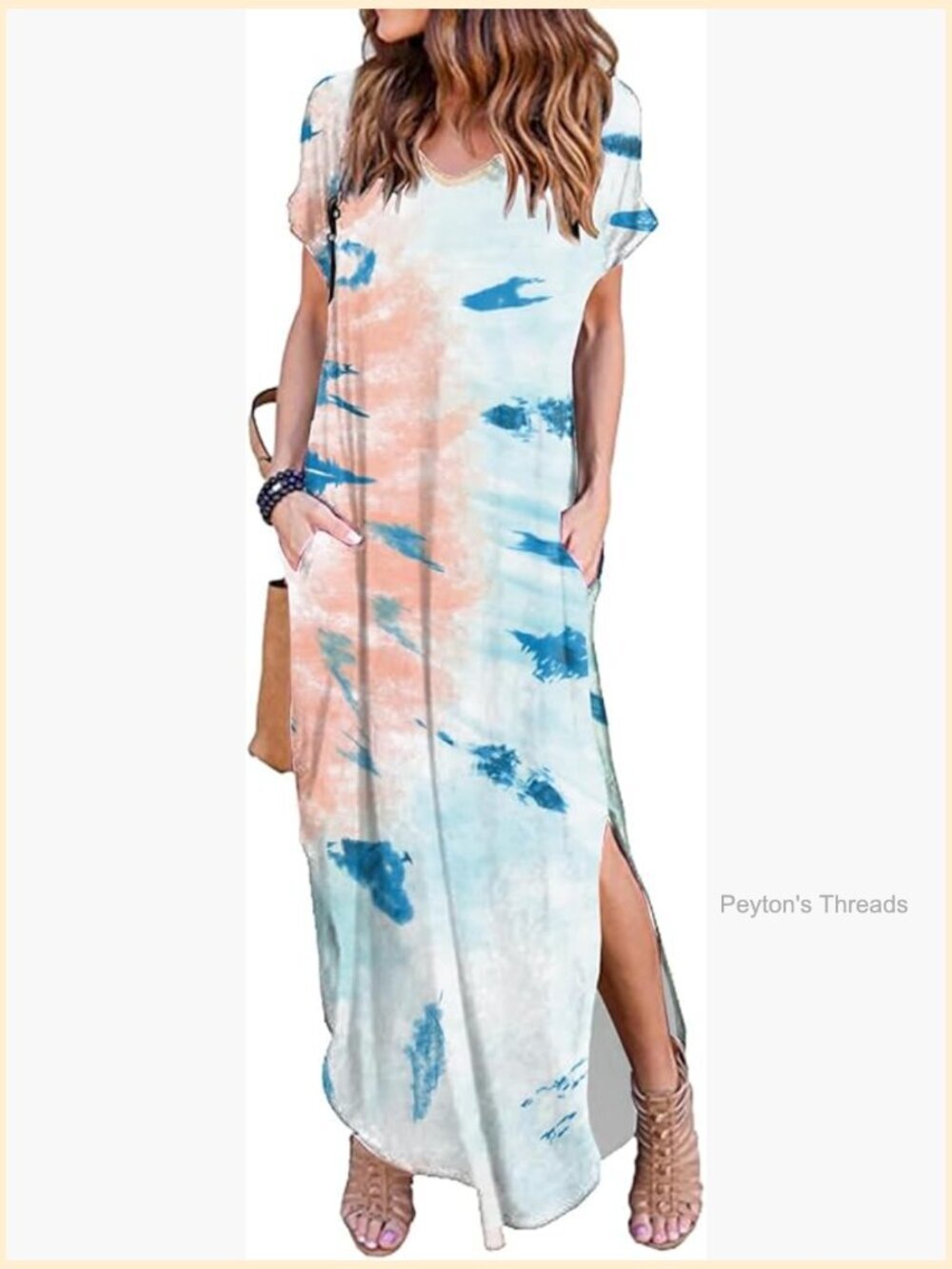 Women's Summer Maxi Dress Casual Loose Short Sleeve Split with Pockets